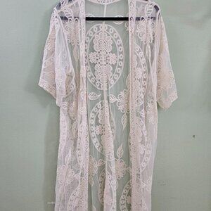 Boho Sheer Embroidered Lace Kimono Cardigan Duster OS Beach coverup Cottagecore